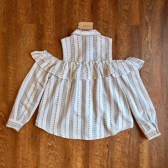 Blu Pepper Collared Button Up Striped Floral Ruffle Cold Shoulder - Picture 4 of 7